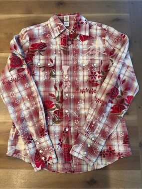 Red Floral Plaid Button-Front Women's Shirt